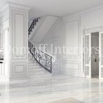 Designer forged balusters in the luxurious interior of a white living room act as a bright accent